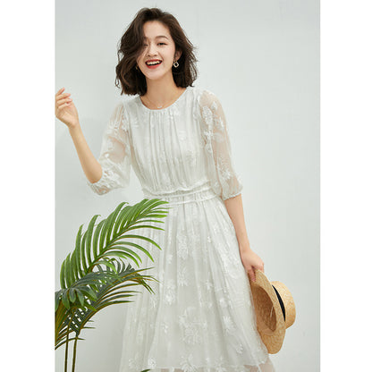 Heavy Embroidery Dress Women's Summer Feeling Mulberry Silk Skirt White Temperament High Waist Silk Dress