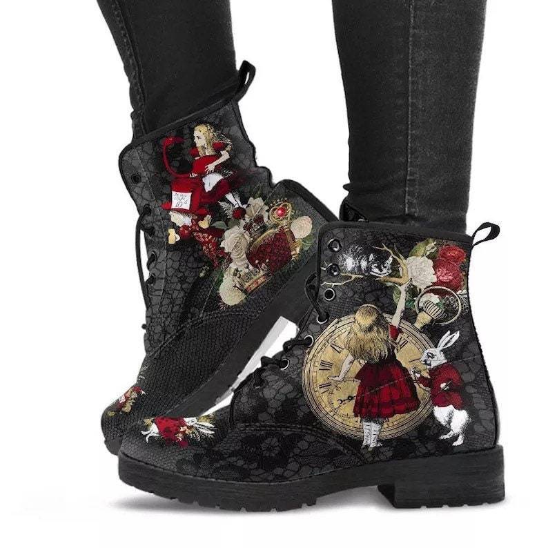 Cross-Border Foreign Trade plus Size Autumn and Winter Women's Martin Boots Wonderland Gothic Print British Leather Tooling Combat Boots