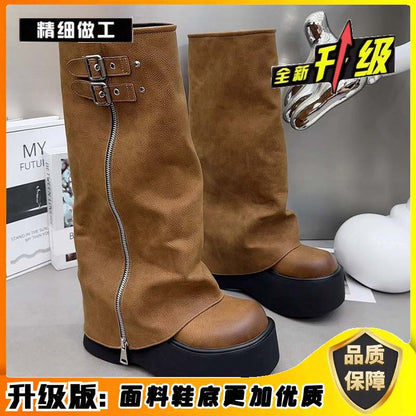 British Style Martin Boots for Women  New Autumn and Winter Fleece-lined Platform Ankle Boots Small Pants Boots Brown Pile Style Boots