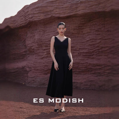 2025 ES MODISH Spring New  Premium V-Neck Halter Lace Splicing High Waist Suspender Dress Women