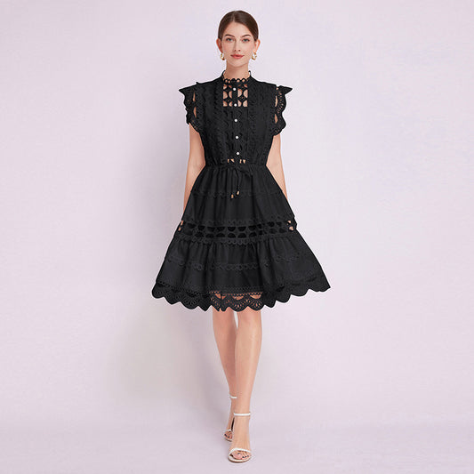 popular summer  retro court style temperament crochet hollow lace A-shaped skirt stand-up collar thin dress