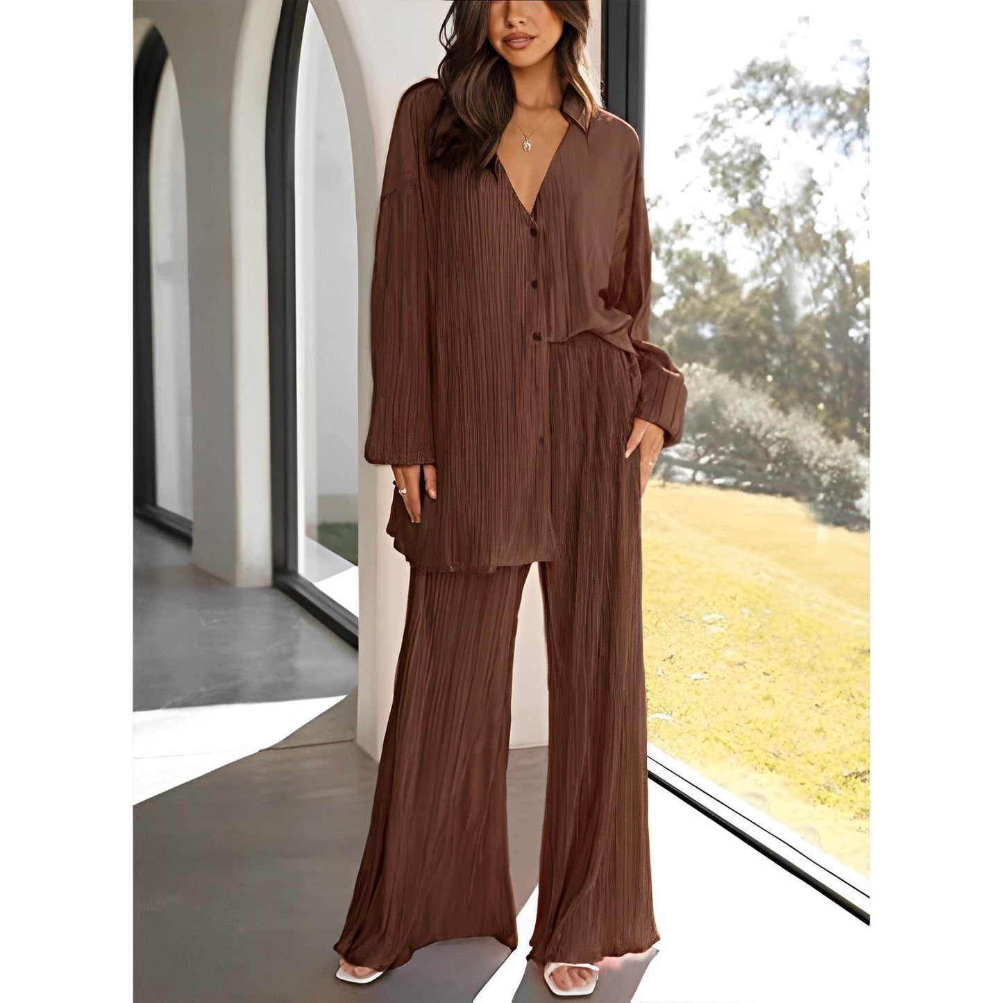 Antmvs -  New Cross-border Women's Spring Solid Color Pleated Single-breasted Top High Waist Wide-leg Flared Pants Home Wear Suit