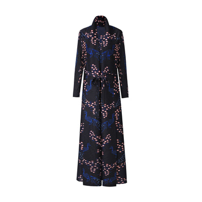 2025 Hot trade abaya Dubai women's long dress robe retro printing large size lace-up high-end sense mansion cardigan jacket autumn