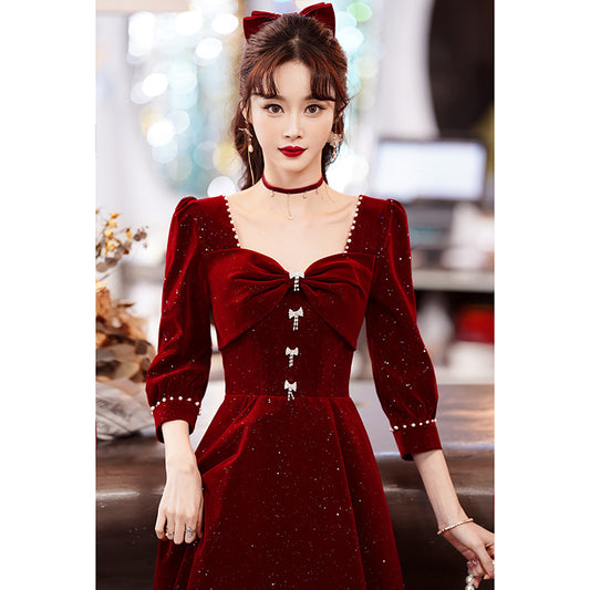 2025 Toast Bride  New Spring and Summer Burgundy Wedding Return Dress Women's Premium Engagement Dress