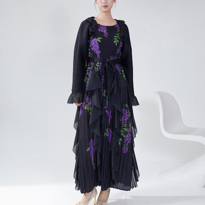 2025 Hot trade Sanzhai autumn dress high-end long-sleeved retro printing loose large size lace-up temperament elegant long dress