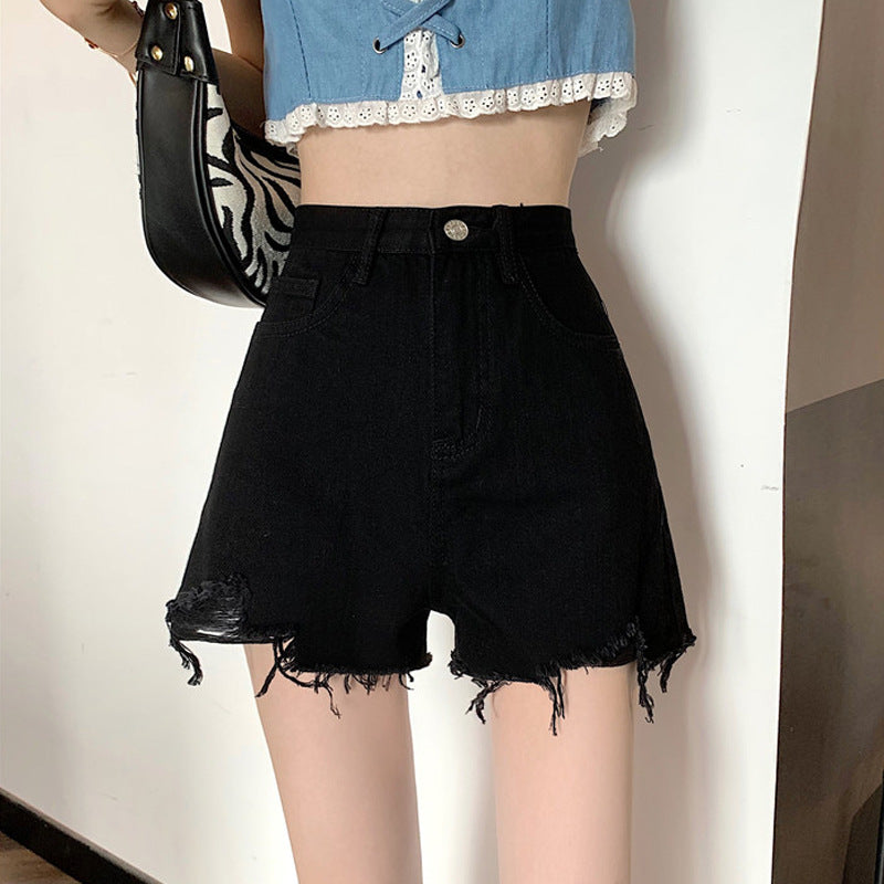 Antmvs Black Jeans Shorts for Women  Summer New Korean Style Ripped High Waist Slimming Hot Pants Hot Girl Wide-Leg Pants