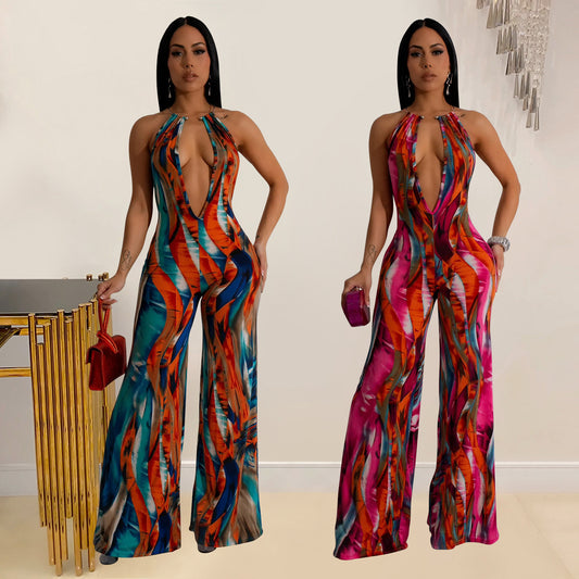 ANTMVS C6930    2025 fashion women's clothing printed sleeveless deep V color matching backless long jumpsuit