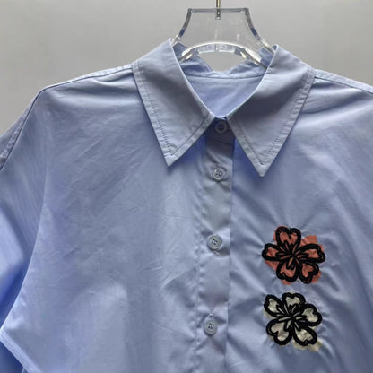 2025 niche women's clothing new blue flower embroidered lapel shirt loose casual long-sleeved cotton top