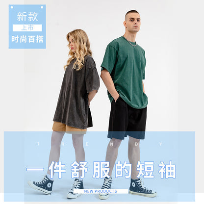 ANTMVS 280G Heavy Retro Washed Short Sleeve Men's plus Size Loose Stone Washed Fried Snowflake European and American Fashion Brand T-Shirt Wholesale Printing