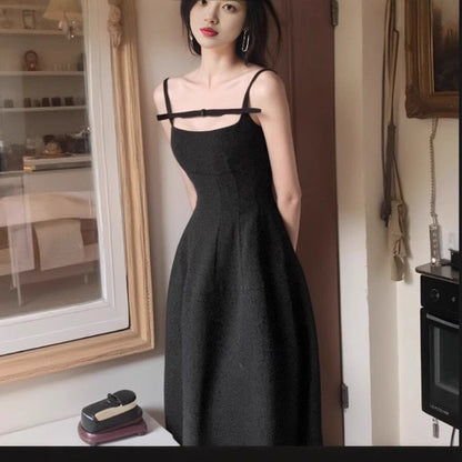 2025 Xiaoxiangfeng black bow neck dress women's summer  waist daughter wind lotus leaf edge a word skirt
