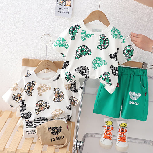 ANTMVS Children's Small Jump Summer New 01234-Year-Old Children's Casual Korean Style Fashion Full Printed Cartoon round Neck Short Sleeve Suit Fashion