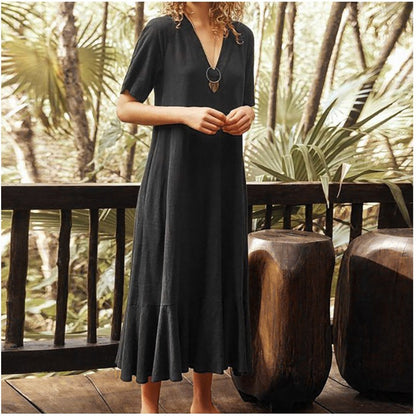 ANTMVS Cross Border New Best Selling Women's Clothes Solid Color and V-neck Lace-up Short Sleeve A- line Length Dress