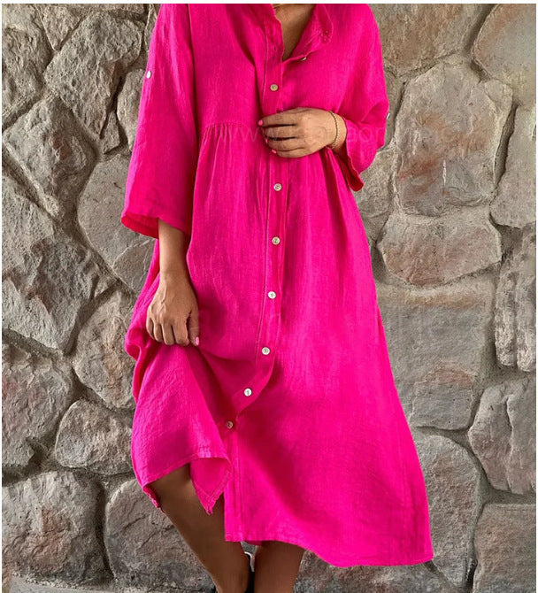 ANTMVS Cross-Border Women's Clothing   New Cotton and Linen European and American Solid Color Casual Button Length Dress Wholesale