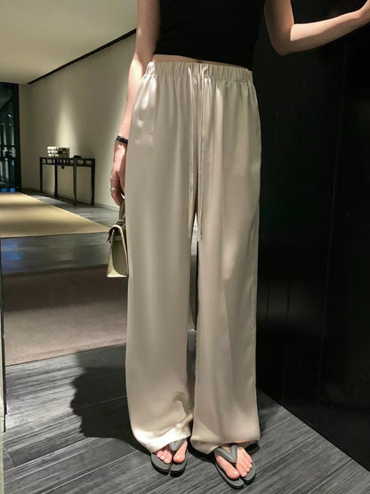 Antmvs Summer Silky Loose Satin Acetate Silk Wide-Leg Pants Women's High Waist Trousers Soft Glutinous Draping Casual Pants