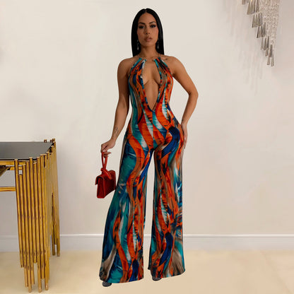 ANTMVS C6930    2025 fashion women's clothing printed sleeveless deep V color matching backless long jumpsuit