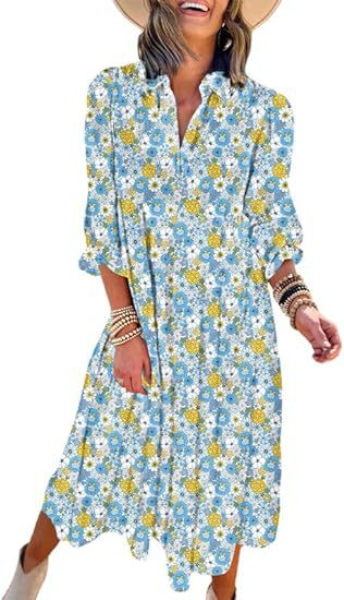 ANTMVS New Casual Loose Long Sleeve V-neck Women's Bohemian Floral Flowy A- line Dress