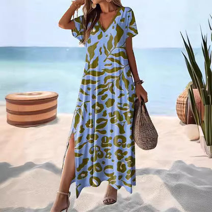 ANTMVS  Summer   Cross Border V-neck Short Sleeve High Waist Plant Floral Print Maxi Dress for Women Dress