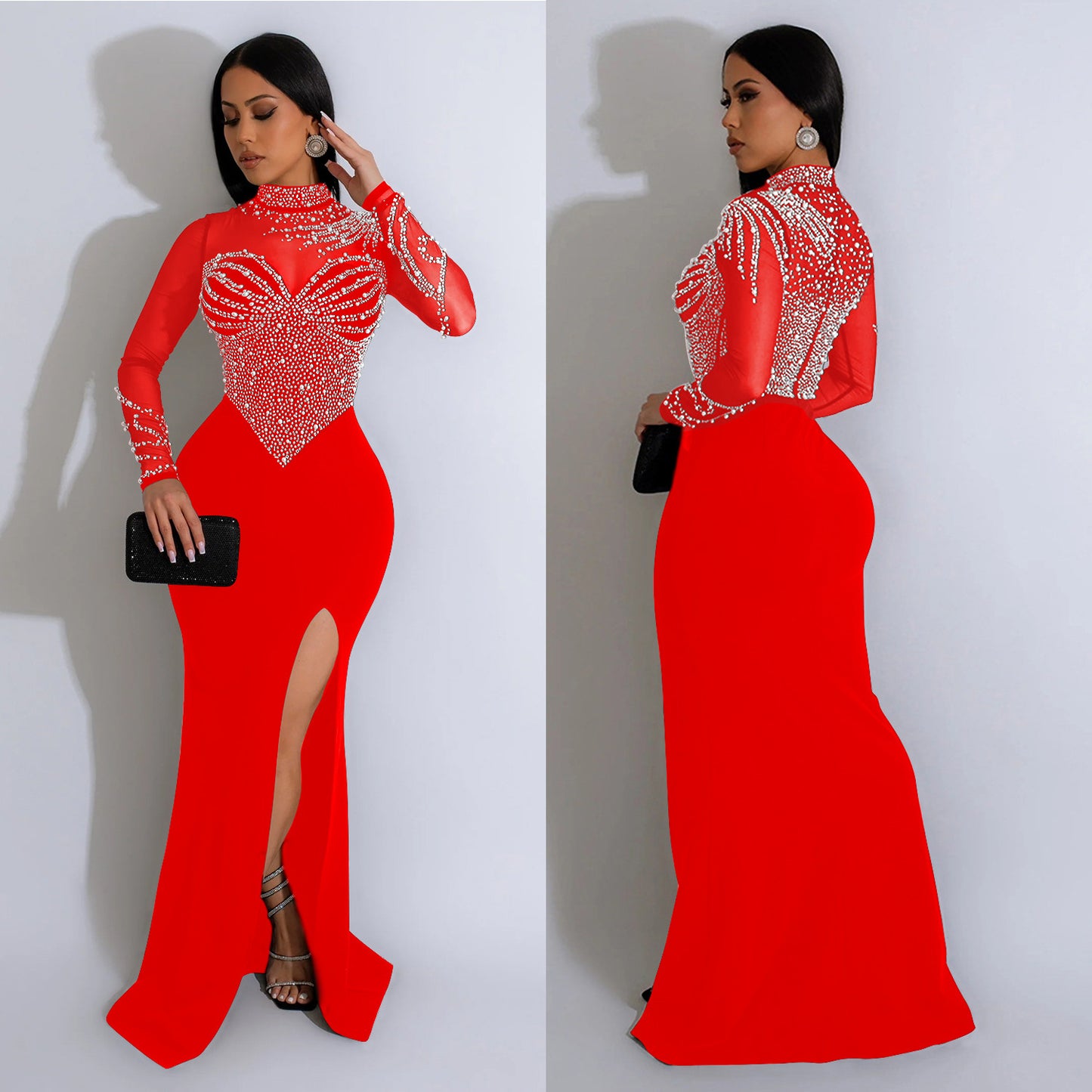 ANTMVS  C6825 Cross-border , , 2025 fashion women's clothing, solid color mesh yarn, hot diamond split long dress, dress