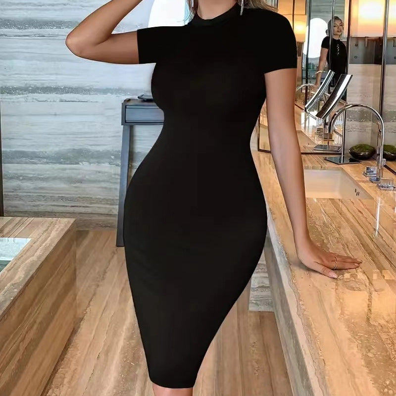 ANTMVS  European and American Summer Solid Color Stand Collar Halter Short Sleeve Long Dress Knitted Mid Waist Air Sheath Dress Women