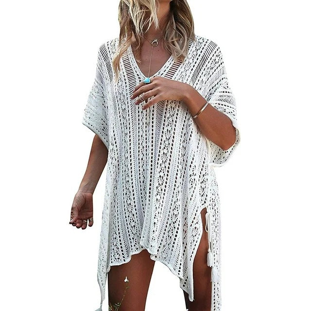 Antmvs -  Women's Hollow Out Asymmetrical Split Hem Crochet Cover Up, Boho V Neck Batwing Sleeve Lace Up Fringe Decor Cover Up, Summer Clothes for Beach Vacation