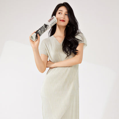 2025 dress spring and autumn women's high-end sense spring and summer new metal texture irregular split tie dress long dress