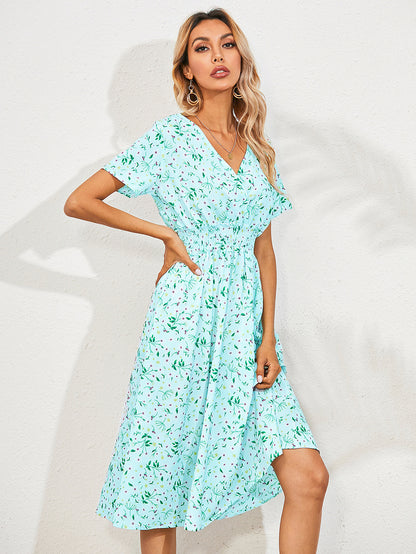 ANTMVS Foreign Trade Women's Clothing European and American Station  Cross-Border Summer Small Floral Print Short Sleeve Dress