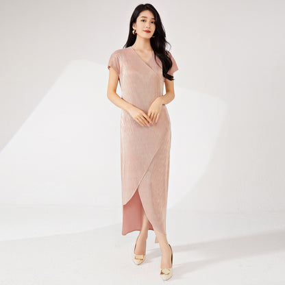 2025 dress spring and autumn women's high-end sense spring and summer new metal texture irregular split tie dress long dress