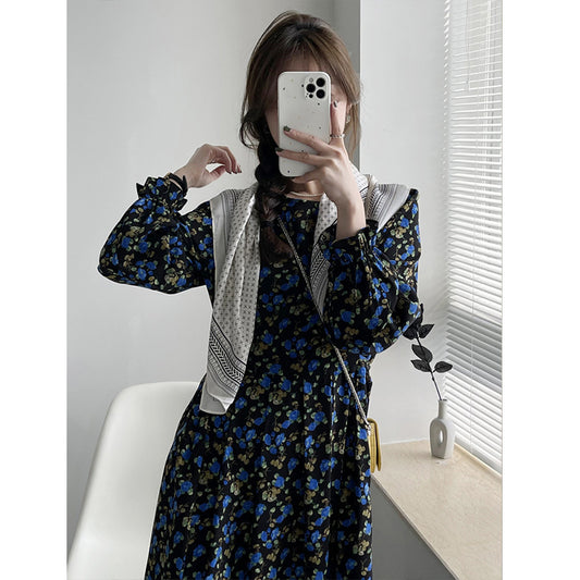 2025 2025 Spring Crew Neck Floral Dress Women's Waist Fresh Dress Women's Medium and Long Retro First Love Dress 9105-1