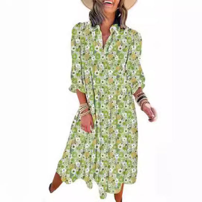 ANTMVS New Casual Loose Long Sleeve V-neck Women's Bohemian Floral Flowy A- line Dress