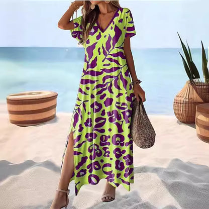 ANTMVS  Summer   Cross Border V-neck Short Sleeve High Waist Plant Floral Print Maxi Dress for Women Dress