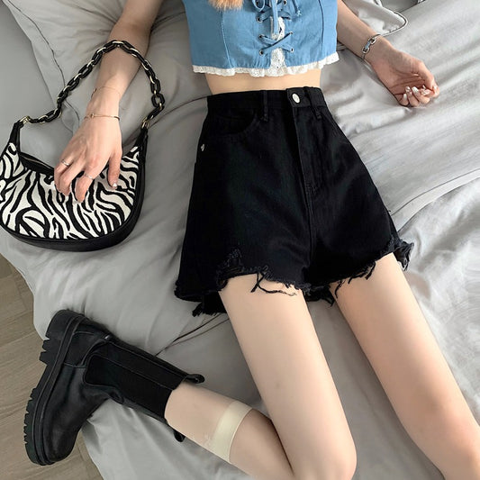 Antmvs Black Jeans Shorts for Women  Summer New Korean Style Ripped High Waist Slimming Hot Pants Hot Girl Wide-Leg Pants