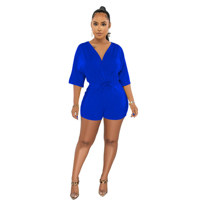 ANTMVSC6308   2025 fashion women's clothing solid color lace-up V-neck medium-sleeved shorts jumpsuit women