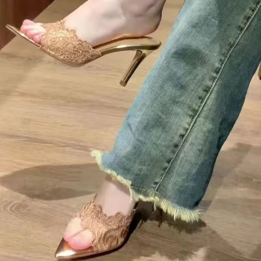 ANTMVS  New Internet Celebrity High Heel Slippers Women's Stiletto Heel Banquet Slippers Sexy Comfortable Champagne Gold Embroidered Shoes One Piece Dropshipping