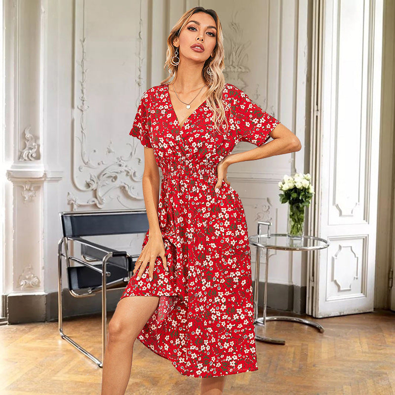 ANTMVS  Cross-Border Foreign Trade Women's Clothing 2022 Summer New European and American Station Small Floral Print Short Sleeve Dress