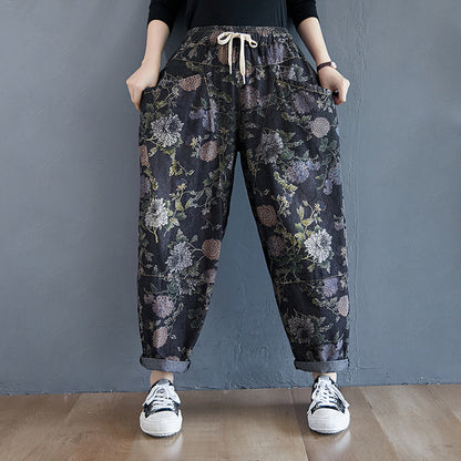 Fall 2024 Vintage Printed Casual Slimming Loose Elastic Waistband Lace-up Plump Girls Washed Jeans Harem Pants for Women