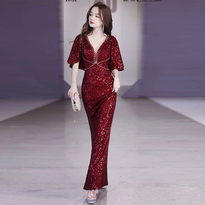 Silver Paillette plus Size Short-Sleeved Evening Dress Winter Art Exam Auto Show Host Catwalk Qianjin High-End Fishtail Dress