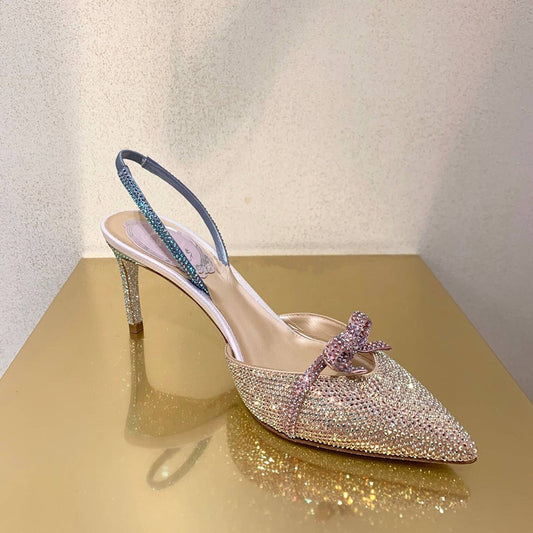 ANTMVS  2022 Female Summer New Rhinestone Pointed Toe Closed Toe Sandals Stiletto Heel Hollow Elastic Band High Heels Wedding Shoes Mid Heel Banquet