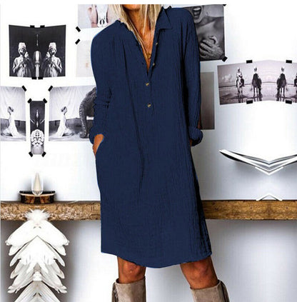 ANTMVS Wish New Spring, Summer, Autumn European and American Women's Clothing  EBay Women's Solid Color Cotton Linen Long Sleeve Dress