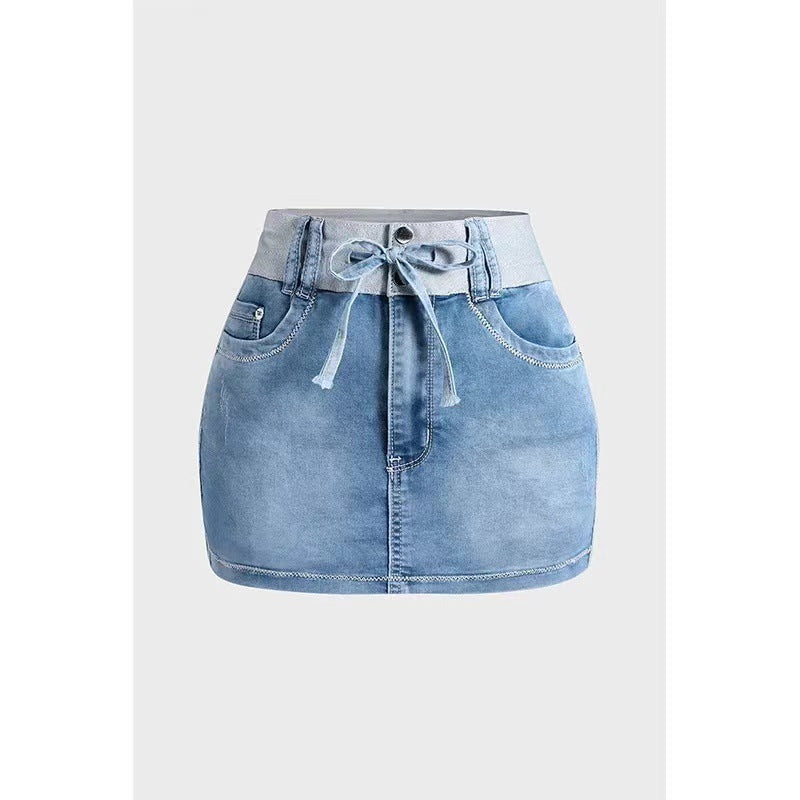 Antmvs -  Chicme Contrast Binding Ripped Drawstring Denim Skorts