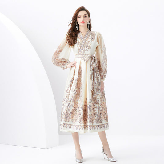 Spring and Autumn  Retro Court Style V-Neck Lantern Sleeve Printed Dress Women's Waist Waving Knee Dress