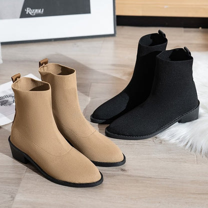 Foreign Trade plus Size Women's Knitted Boots  Autumn and Winter New Breathable Knitted Stretch Boots Pointed Square Heel Sleeve Ankle Boots