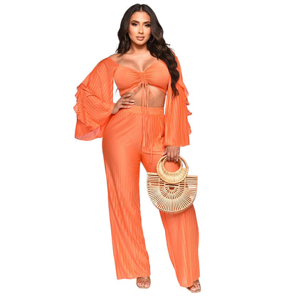 ANTMVSC6340   2025 fashion women's clothing solid color crumpled long-sleeved trousers two-piece set women