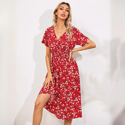 ANTMVS Foreign Trade Women's Clothing European and American Station  Cross-Border Summer Small Floral Print Short Sleeve Dress