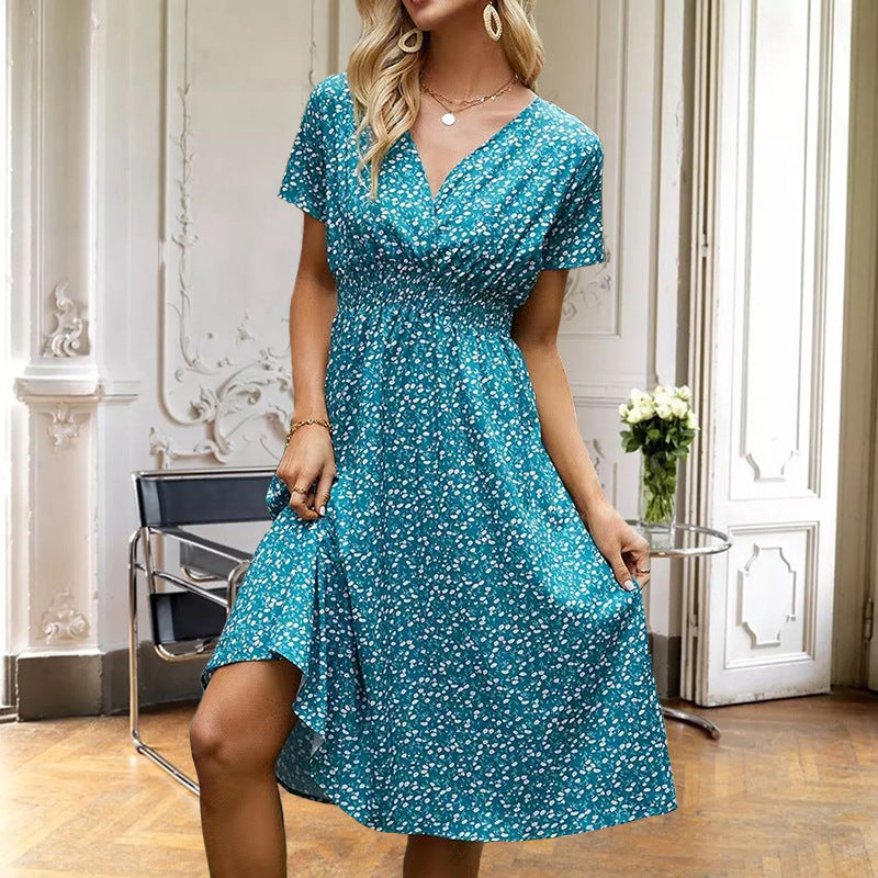 ANTMVS  Cross-Border Foreign Trade Women's Clothing 2022 Summer New European and American Station Small Floral Print Short Sleeve Dress