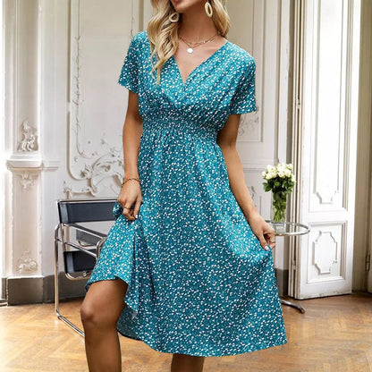 ANTMVS  Cross-Border Foreign Trade Women's Clothing 2022 Summer New European and American Station Small Floral Print Short Sleeve Dress