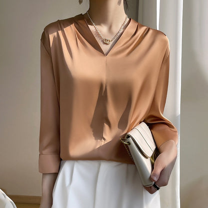 ANTMVS High-Grade  Silk Satin Shirt Women's Summer V-neck Fashionable Elegant Top Business Wear Mulberry Silk Shirt