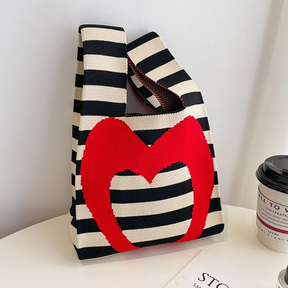 Antmvs Antmvs Striped Knit Woven Tote Handbag Japanese Bag Mini Color Women Knit Student Shopping Handmade Tote Bag Wrist Bag Shopping Bag