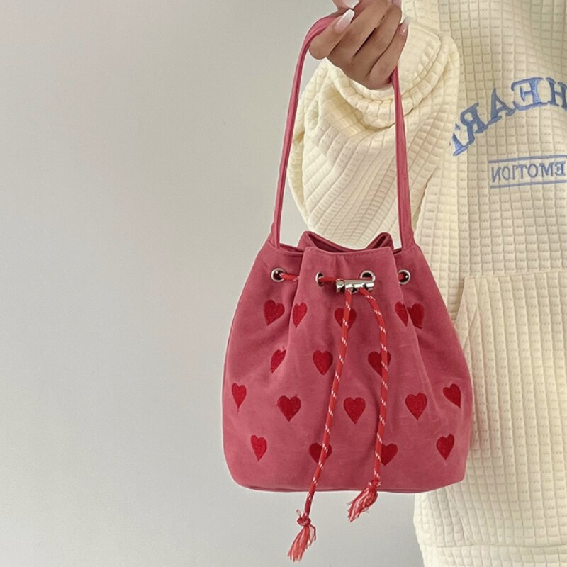 Antmvs Antmvs Pink Heart Embroidered Ladies Bucket Purse Handbags Fashion Love Women Messenger Bag Drawstring Female Girls Small Shoulder Bags