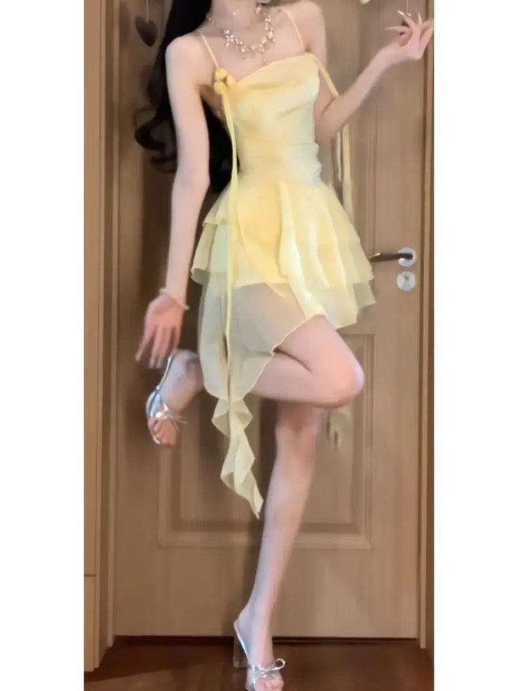 Antmvs  -  Japan Woman's Sexy Dress Yellow Square Collar Sleeveless Backless Summer Dresses Woman Trendy  New