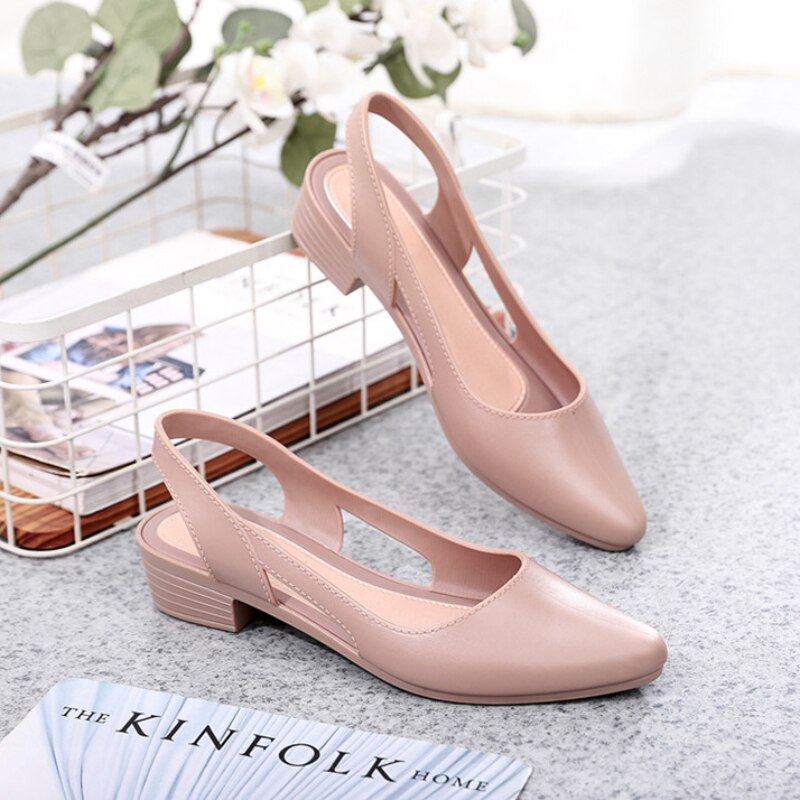 Graduation Gift Jelly Sandals Women Pointed Toe Chunky Med High Heels Flip Flops Slingback Casual Candy Skidproof Beach Shoes for Women Mujer